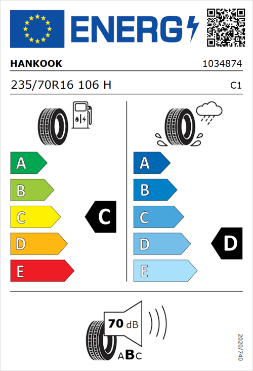 Tyre Label for Hankook Dynapro HPX 235/70R16 106H